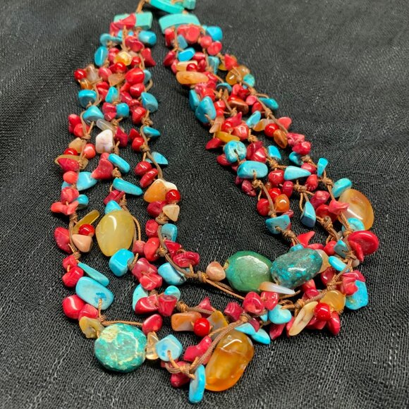 Handmade Southwestern Style Beaded 3 Strand Necklace Turquoise Coral Agate J839 - Picture 3 of 7